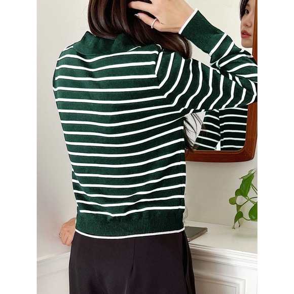 black white preppy Striped print Collared v neck Sweater - Picture 11 of 11